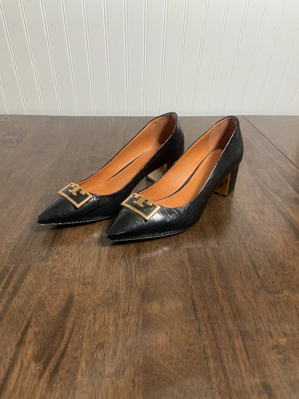 Tory Burch Black Pointed Toe Croc-Embossed Pumps with Gold Logo